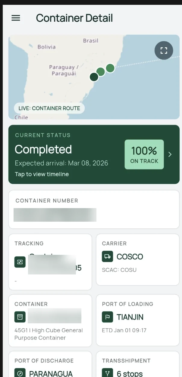 ComexWise mobile container detail with route, status and ETA